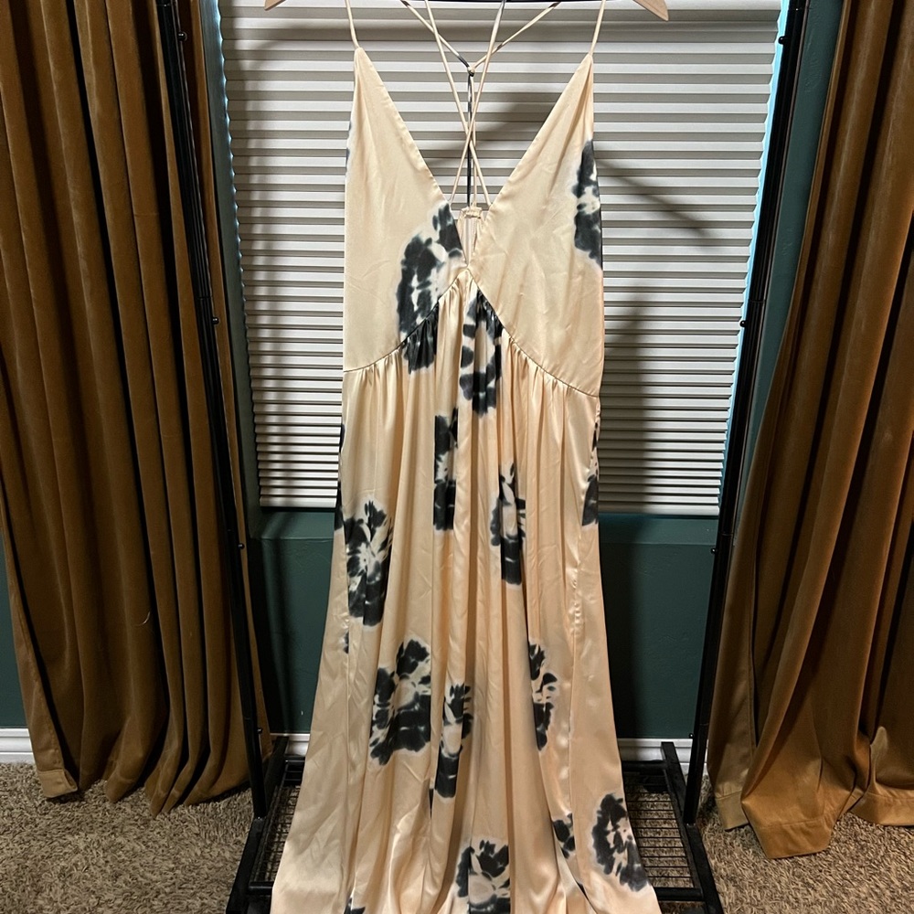 Cream and Navy Satin Ink Ripple Maxi Dress